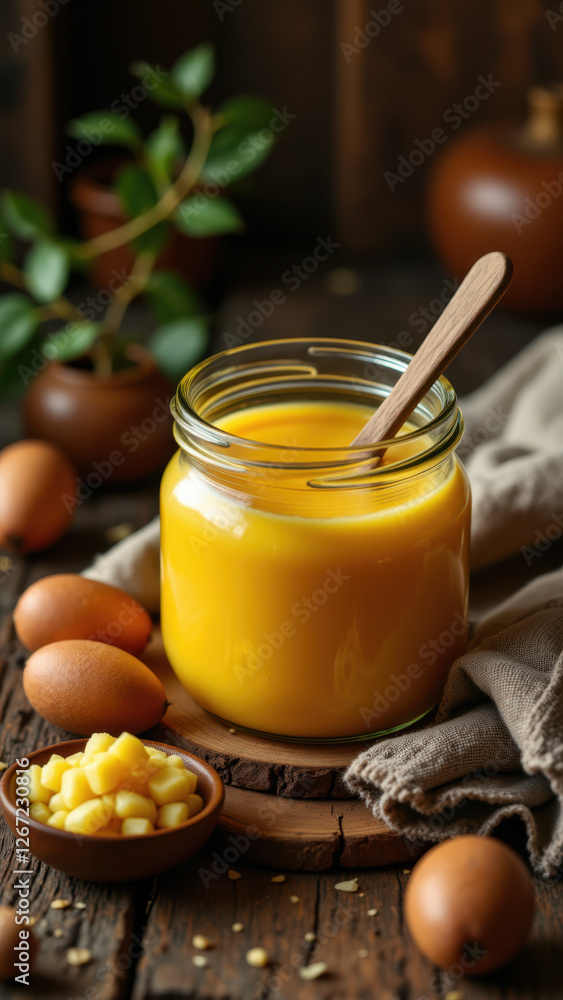 A jar of golden yellow tallow with a wooden spoon and corn kernels on a rustic surface. A jar of golden yellow tallow with a wooden spoon and corn kernels on a rustic surface.