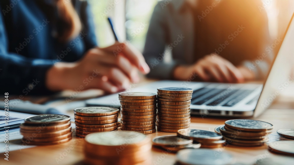 Stacks of Coins in an Office Environment With Professionals Engaged in Financial Planning and Analysis