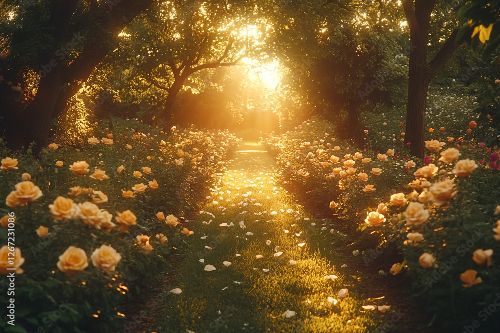 Obraz premium Sunlit Rose Path, A Golden Hour Stroll Through Blooming Paradise