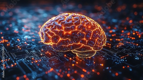 Glowing Orange Brain on Blue Circuit Board Represents Artificial Intelligence and Future Technology photo