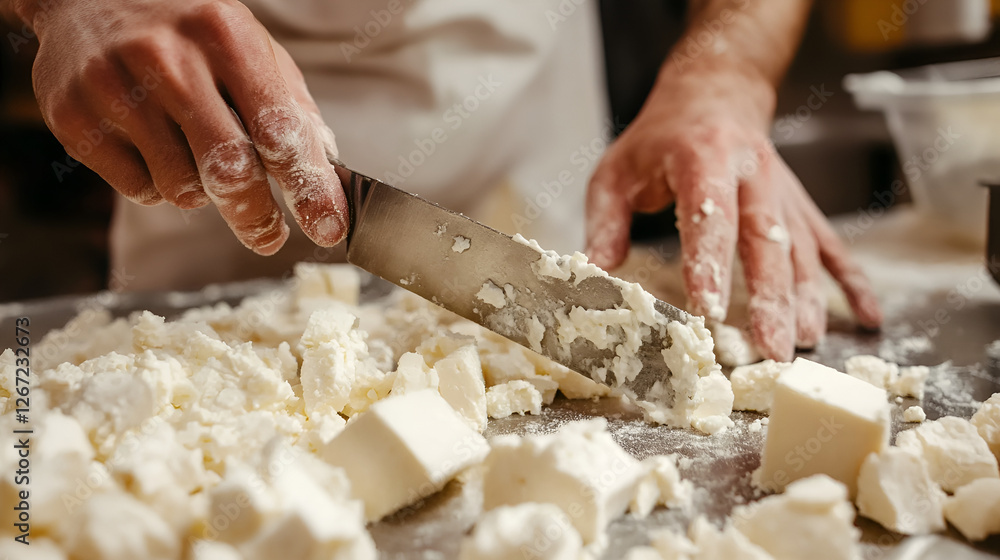 Chef's hands cutting fresh cheese on a work surface with scattered pieces Chef's hands cutting fresh cheese on a work surface with scattered pieces