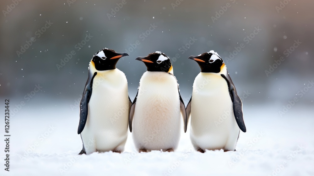 Obraz premium Three emperor penguins huddle in snowy Antarctica. Wildlife photography for nature documentaries