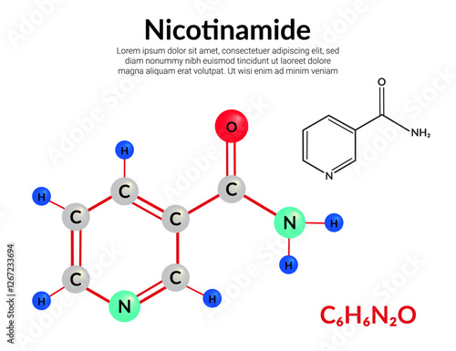 Niacinamide or nicotinamide, a form of vitamin B3. molecular structure formula, ball-and-stick model, suitable for education or chemistry science content. Vector illustration