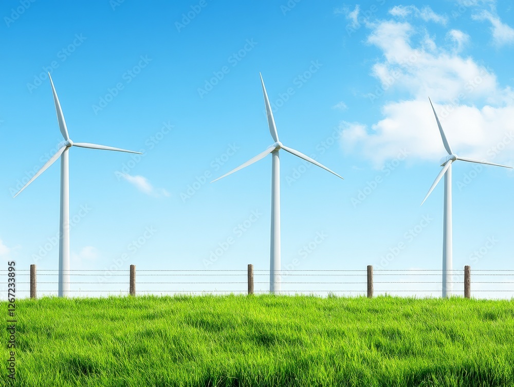 Wind turbines standing in lush green field under bright blue sky symbolizing renewable energy sustainability clean power and environmental consciousness in modern technology Wind turbines standing in lush green field under bright blue sky symbolizing renewable energy sustainability clean power and environmental consciousness in modern technology