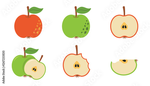 Set of red and green apple vector set. Collection of apple, including whole, sliced and bitten apples, in simple flat and modern style