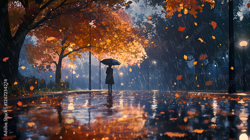 Naklejka premium Woman with umbrella, contemplative and serene, standing in the rain, autumn park scene, digital art