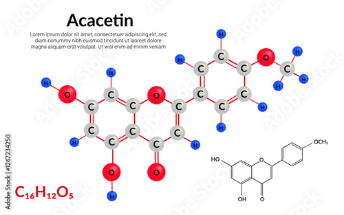 Acacetin plant flavonol, molecular structure formula, ball-and-stick model, suitable for education or chemistry science content. Vector illustration