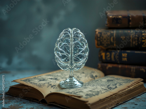 Surreal Still Life: Glass Brain Sculpture on Antique Book with Muted Blues and Browns, Symbolizing Knowledge and Human Mind