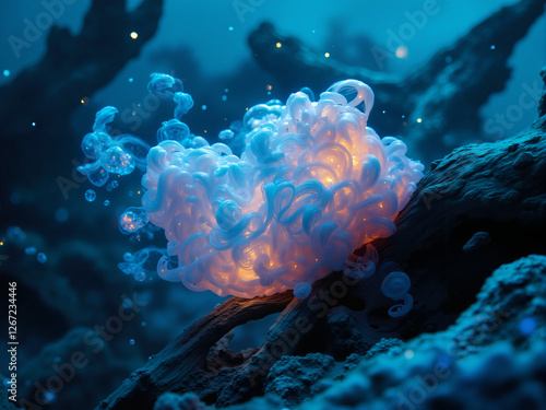 Bioluminescent Underwater Organism with Blue Tendrils and Orange Glow Surrounded by Ethereal Particles and Jellyfish in Deep Blue Environment photo