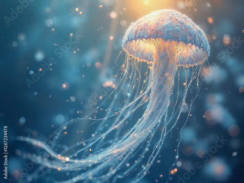 Majestic Jellyfish in Deep Blue Ocean with Golden Light, Textured Bell, Glowing Tentacles, Sparkling Particles, Bokeh Background