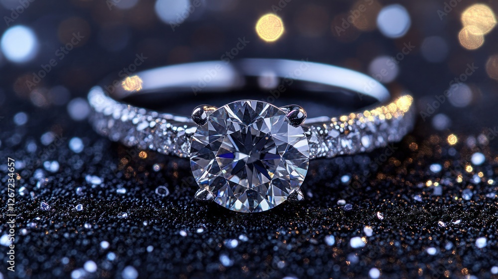 Diamond ring on black glitter, bokeh background, for jewelry ads Diamond ring on black glitter, bokeh background, for jewelry ads