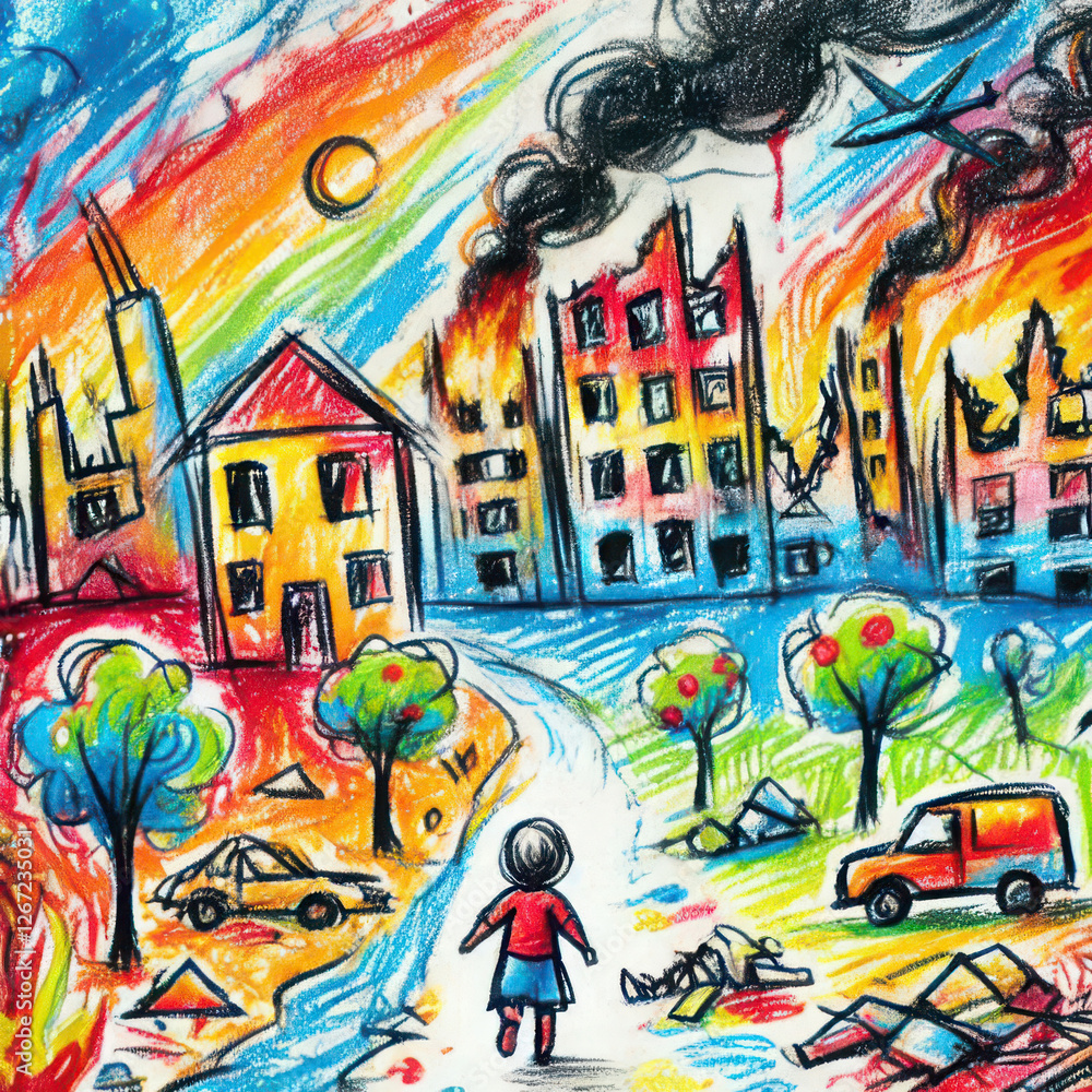Obraz premium kids drawing of a child walking in war-torn city