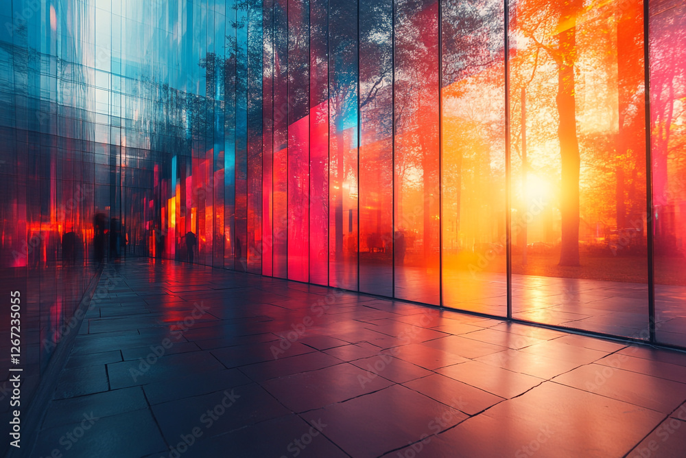 Obraz premium Chromatic Reflections, Urban Structure Meets Nature's Radiant Glow