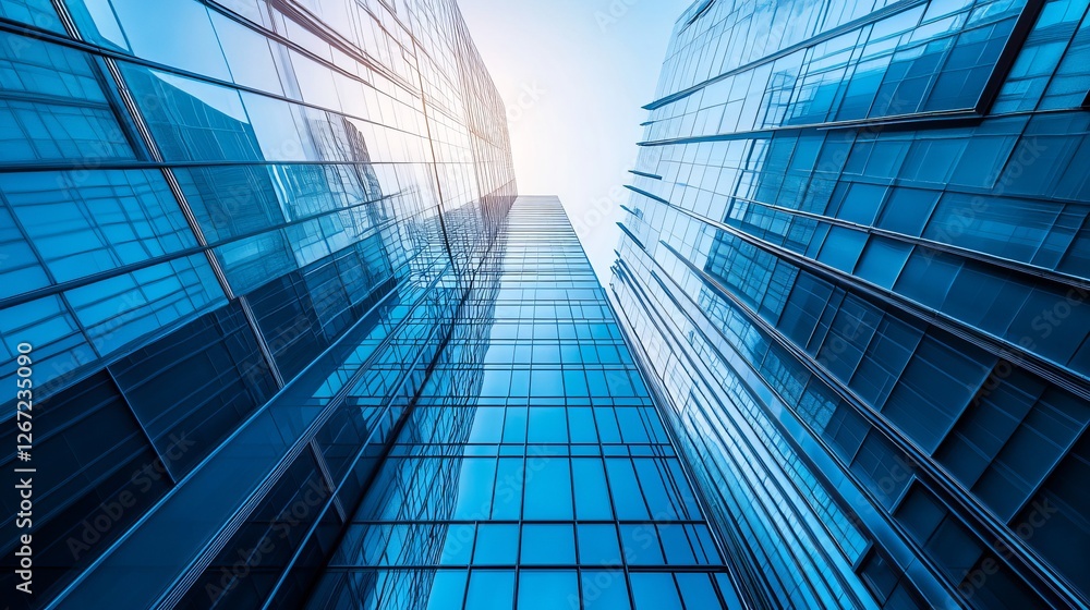 Fototapeta premium A towering commercial skyscraper viewed from below, featuring a sleek glass facade and intricate architectural details, bathed in a blue-toned light on a sunny day