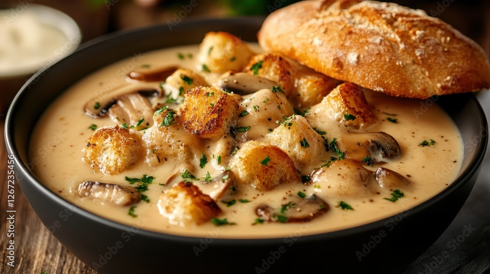 A hearty bowl of creamy soup with sautéed mushrooms and crunchy croutons, beautifully displayed alongside a fresh piece of artisan bread, perfect for any dining occasion. A hearty bowl of creamy soup with sautéed mushrooms and crunchy croutons, beautifully displayed alongside a fresh piece of artisan bread, perfect for any dining occasion.
