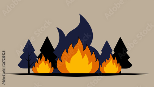 Illustration of a forest fire with flames and trees, symbolizing the impact of wildfires on the environment