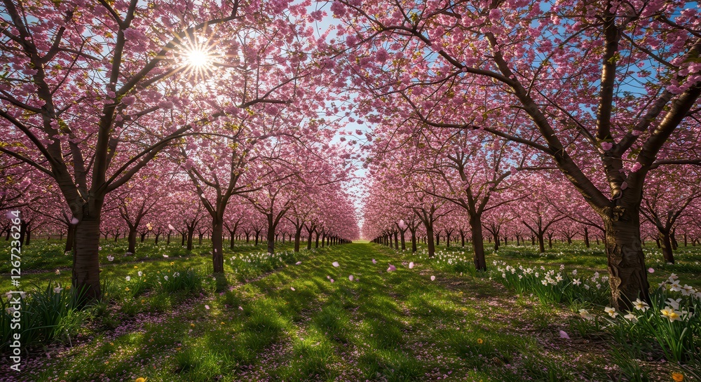 Walking Through Cherry Blossom Trees in Spring with Sunlight View Walking Through Cherry Blossom Trees in Spring with Sunlight View