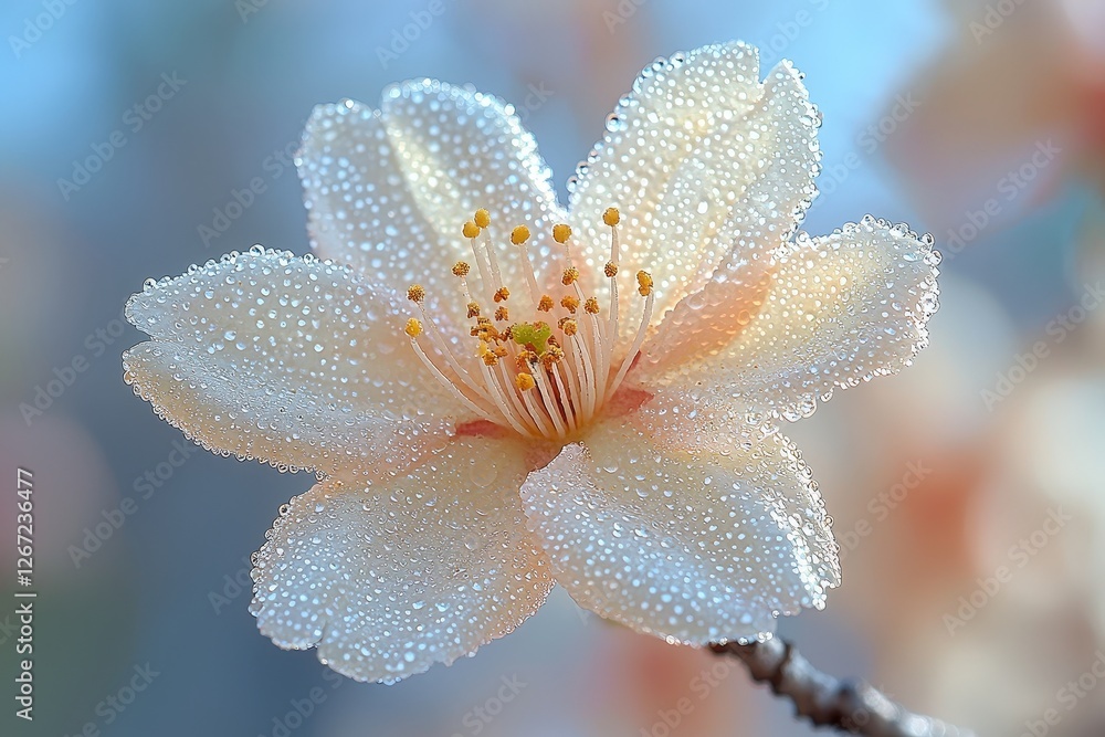 Fototapeta premium Dew-kissed peach blossom close-up against soft focus blue sky background