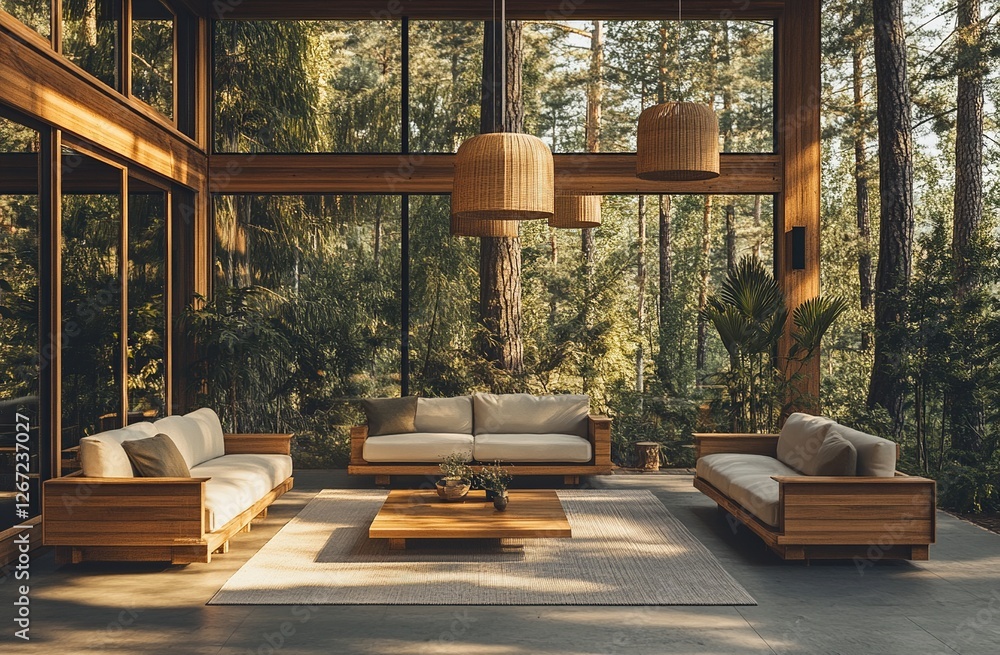 Fototapeta premium Modern Wooden Sofa Design Enhances Forest View Home Decor with Stylish Rattan Lamps, Creating a Serene and Tranquil Atmosphere