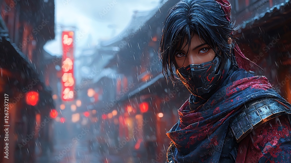 Female Portrait in Snowy Asian Street with Traditional Building and Red Lights Wearing a Dark Outfit with Scarf and Mask Female Portrait in Snowy Asian Street with Traditional Building and Red Lights Wearing a Dark Outfit with Scarf and Mask