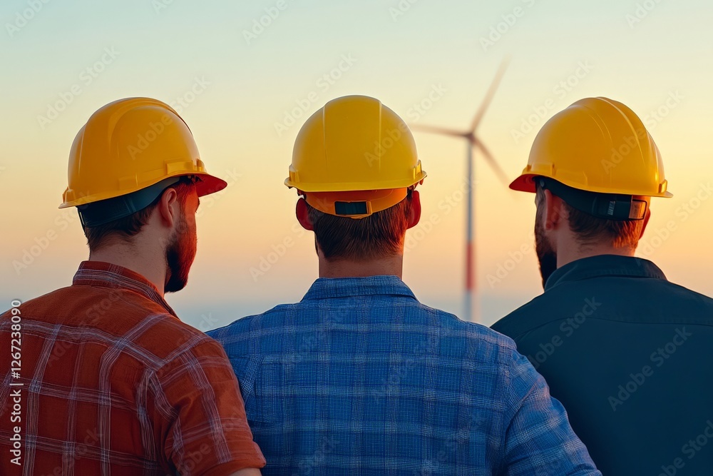 Construction engineers in safety helmets observing wind turbines at renewable energy site silhouetted against sunset representing sustainable infrastructure in stock photo Construction engineers in safety helmets observing wind turbines at renewable energy site silhouetted against sunset representing sustainable infrastructure in stock photo