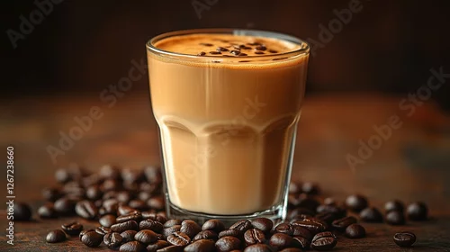 Panel kuchenny z motywem Kawa latte w szklane i rozsypane ziarna kawy