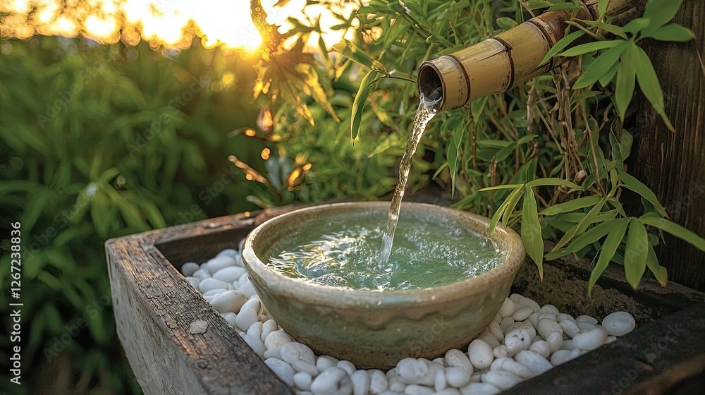 Serene Bamboo Water Feature in a Tranquil Garden at Sunset Serene Bamboo Water Feature in a Tranquil Garden at Sunset