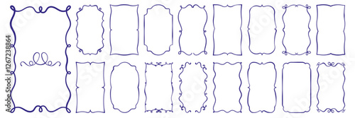 hand drawn outline frame set. rectangular, oval shape vintage borders with curl, loop, wave, bow