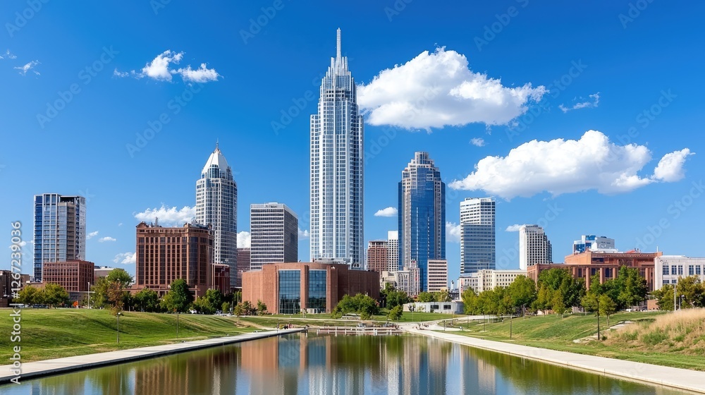 City Skyline Reflecting in Pond, Sunny Day, Park View