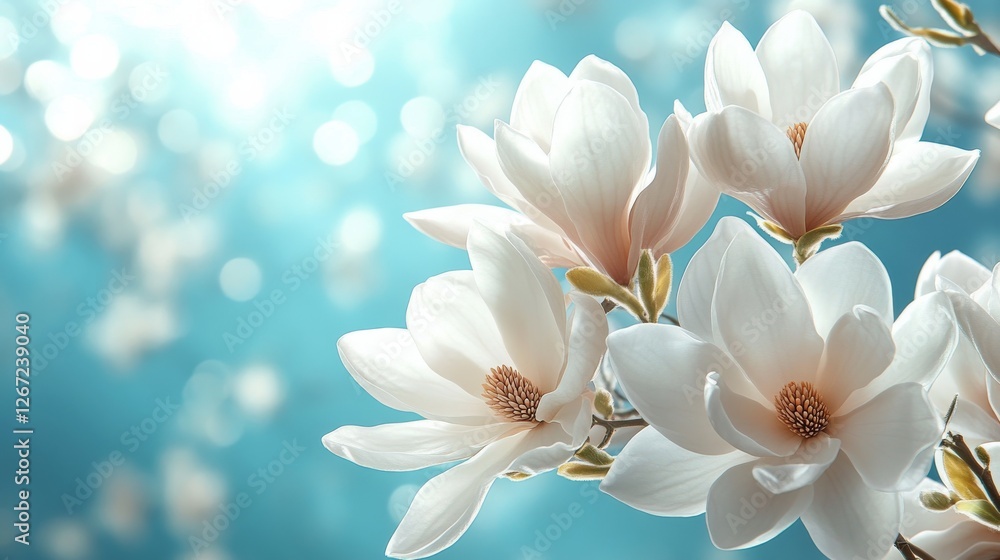 Fototapeta premium Beautiful white magnolia blossom in bright sunlight against a clear blue sky