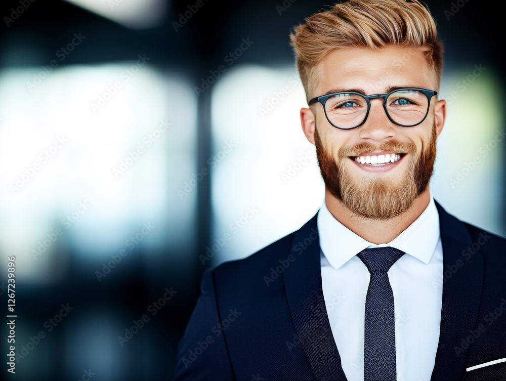 Smiling young businessman in formal attire at corporate setting embodying success leadership and confidence in the modern professional world Smiling young businessman in formal attire at corporate setting embodying success leadership and confidence in the modern professional world
