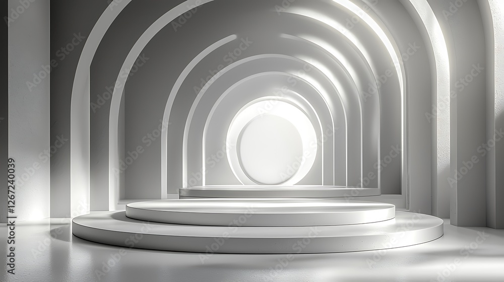 Fototapeta premium Modern white arched hall, product display, sunlight