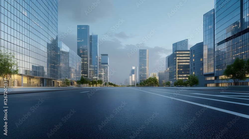 City street dawn, skyscrapers, empty road, urban scene City street dawn, skyscrapers, empty road, urban scene