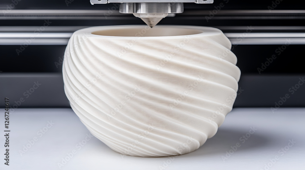 3D Printed Planter Pot with Spiral Pattern Being Created by Automated Manufacturing Machine