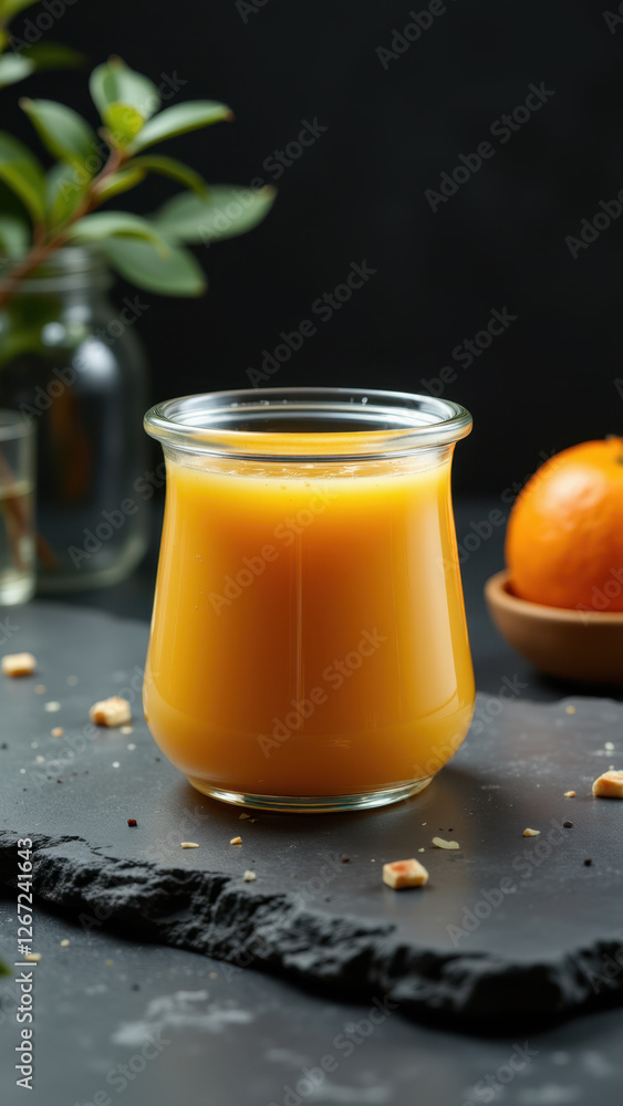 A glass jar filled with orange juice placed on a table. A glass jar filled with orange juice placed on a table.