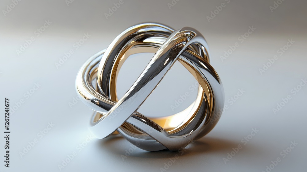 Intertwined metal rings form complex knot sculpture in detail Intertwined metal rings form complex knot sculpture in detail
