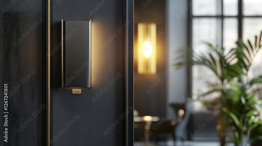 This door hanger mockup captures a modern design element, featuring sleek lines and minimalist aesthetics, within a chic interior space filled with soft lighting and greenery This door hanger mockup captures a modern design element, featuring sleek lines and minimalist aesthetics, within a chic interior space filled with soft lighting and greenery