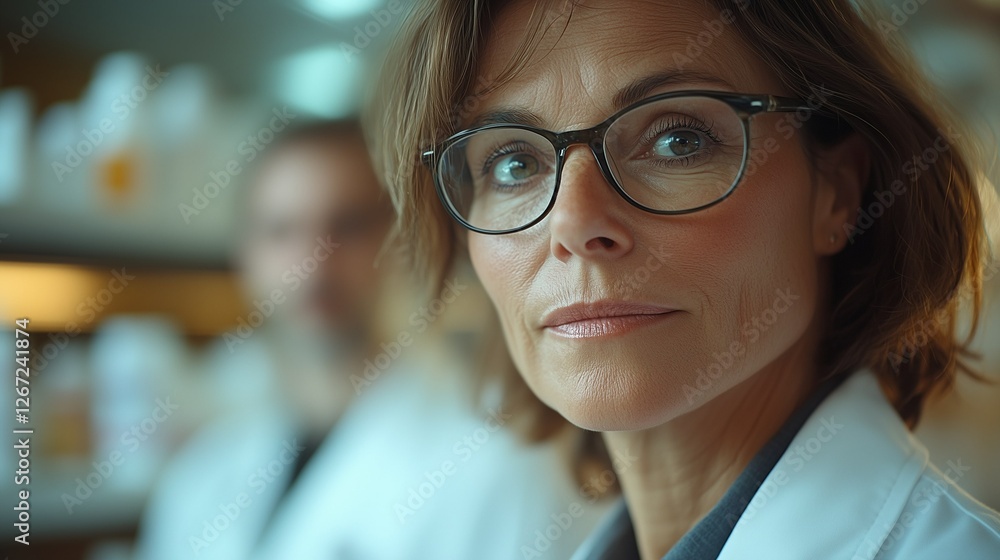 Confident middle-age lady pharmacist wearing spex in a laboratory setting. Focused expression, professional attire, and pharmaceutical background.
Confident middle-age lady pharmacist wearing spex in a laboratory setting. Focused expression, professional attire, and pharmaceutical background.