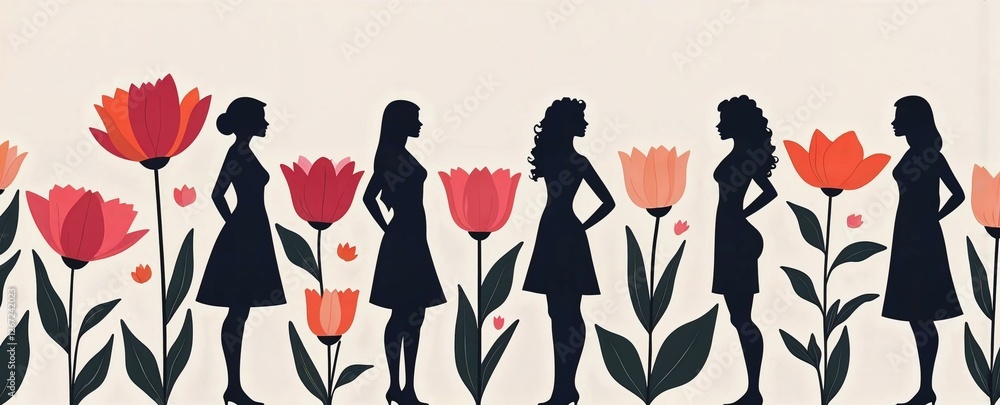 Naklejka premium Conceptual artistic poster for International Women’s Day with flowers morphing into silhouettes