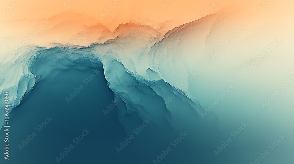 Abstract Aerial View Landscape of Blue Mountain Range and Peach Sky Gradient Artistic Visual