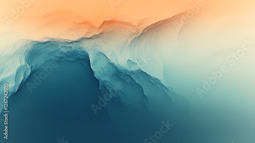 Obraz na płótnie Abstract Aerial View Landscape of Blue Mountain Range and Peach Sky Gradient Artistic Visual w salonie