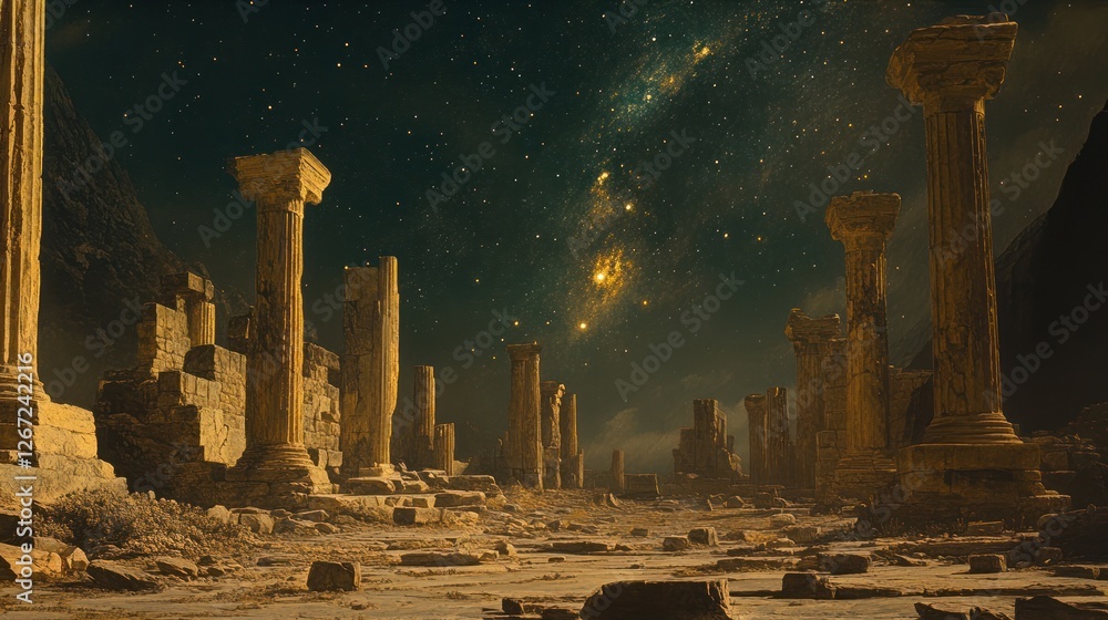 Fototapeta premium Ancient ruins under starry night sky, mountains background, fantasy art, concept art