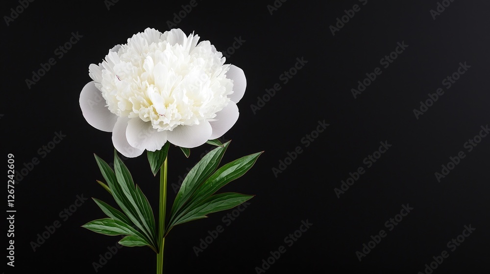 White peony flower on black background, elegant floral design for cards White peony flower on black background, elegant floral design for cards