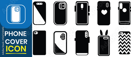 Smartphone case vector icons set. Glass crash protection. Screen protection for mobile phone cover.  Mock up, cover icon. Vector illustration.