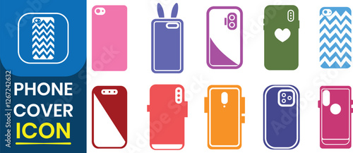Colorful smart phone case icon set. Glass crash protection. Screen protection for mobile phone cover.  Mock up, cover icon. Vector illustration.