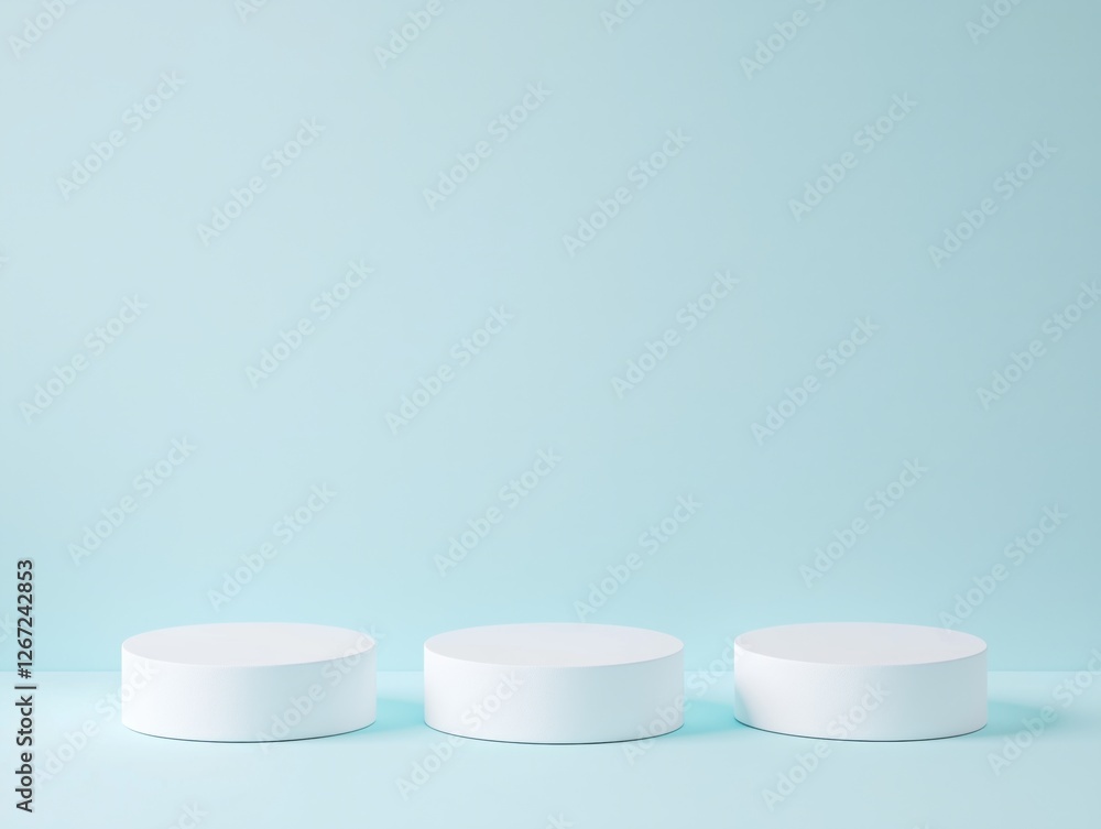 Three round white platforms symmetrically placed on blue. Three round white platforms symmetrically placed on blue.