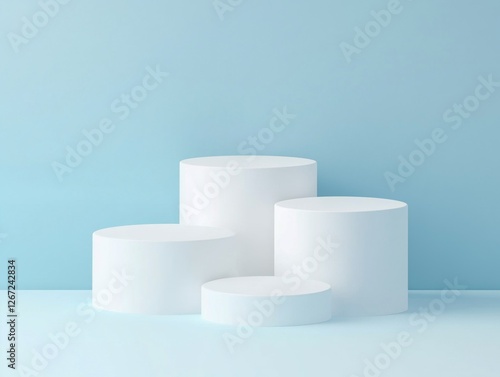 Four white cylindrical podiums set against a blue background.