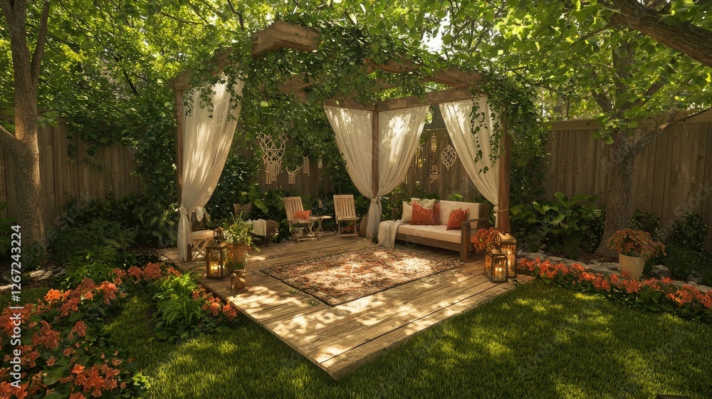 Fototapeta premium Serene Bohemian Garden Oasis Relaxing Outdoor Retreat with Pergola and Lush Greenery