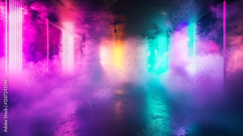 Wallpaper Mural A mesmerizing hallway bathed in colorful neon lights and enveloped in mist creates a dreamlike atmosphere, inviting viewers to explore its vibrant and mystical allure. Torontodigital.ca