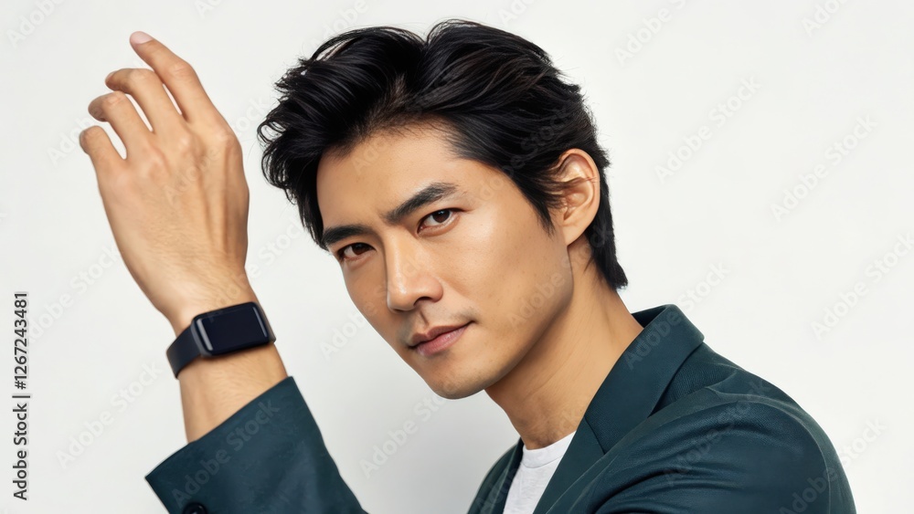 Stylish man wearing a smartwatch. Close up portrait of a young man adjusting his hair, showing off his wristwatch. Stylish man wearing a smartwatch. Close up portrait of a young man adjusting his hair, showing off his wristwatch.